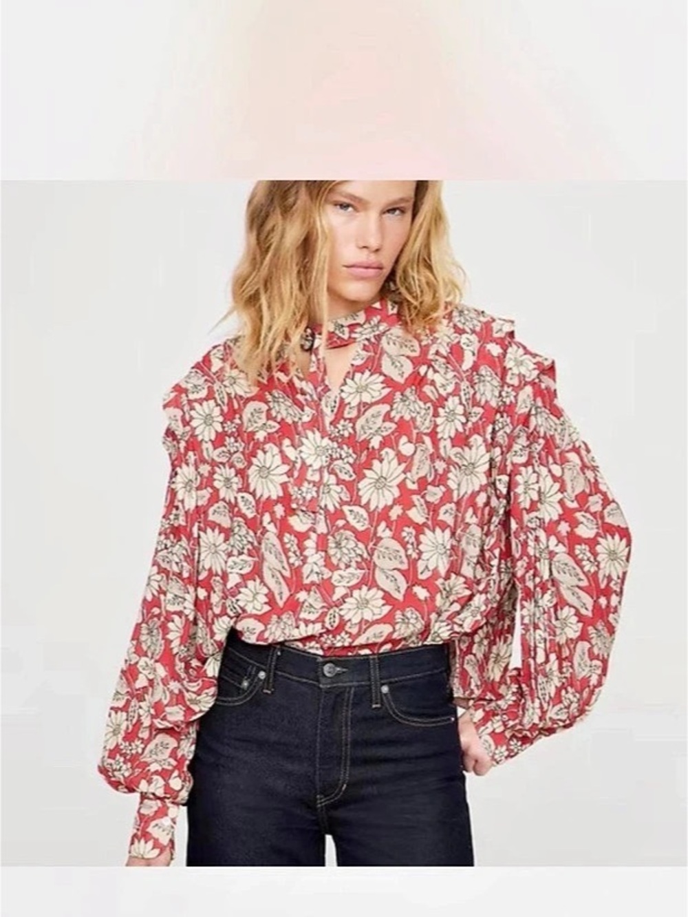 Banana Republic Sheer Pleat-Shoulder Top Floral Blouse Red & Cream XS
